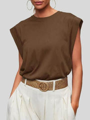 Florira Round Neck Cap Sleeve T-Shirt Brown / L