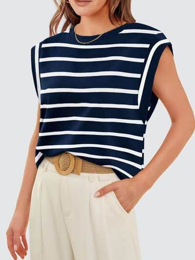Florira Striped Round Neck Cap Sleeve T-Shirt Dark Blue / S
