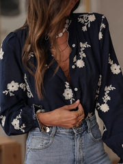 Flower Button Up Long Sleeve Shirt Blue / S