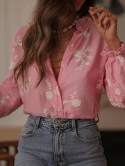 Flower Button Up Long Sleeve Shirt Pink / S