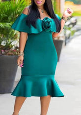 Flower Detail Off-Shoulder Ruffled Mermaid Dress US 4-6 / Teal