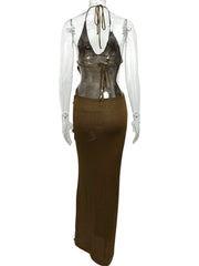 Flower Halter Neck Maxi Knit Dress