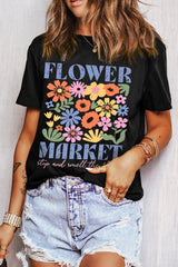 Flower Market Graphic Round Neck T-Shirt Black / S