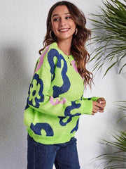 Flower Pattern Round Neck Long Sleeve Sweater