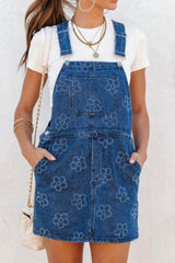Flower Print Square Neck Denim Overall Dress