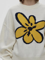 Flower Ribbed Hem Round Neck Sweater