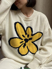 Flower Ribbed Hem Round Neck Sweater