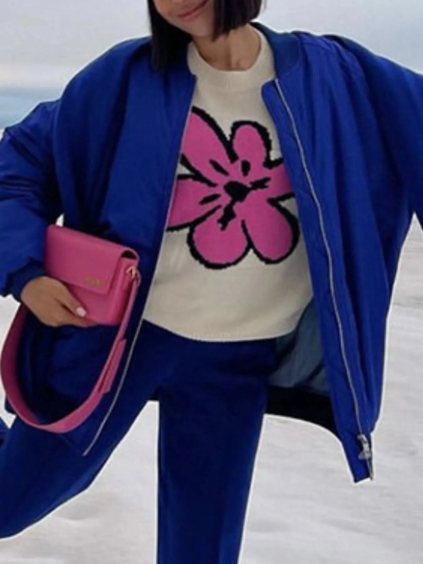 Flower Ribbed Hem Round Neck Sweater