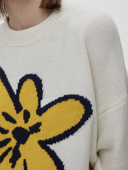 Flower Ribbed Hem Round Neck Sweater