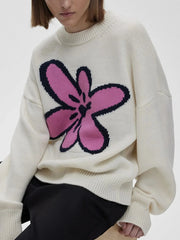 Flower Ribbed Hem Round Neck Sweater