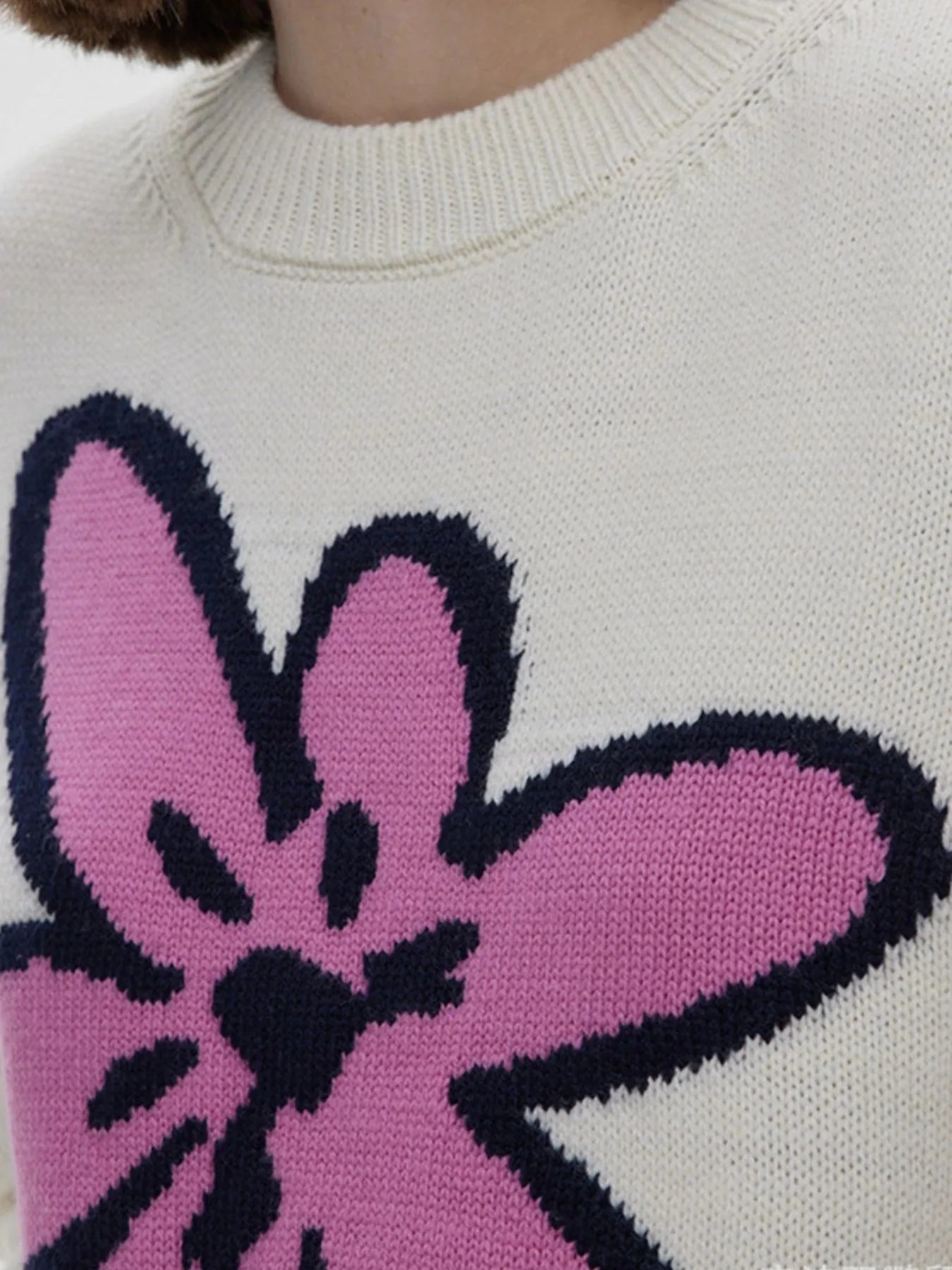 Flower Ribbed Hem Round Neck Sweater