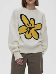 Flower Ribbed Hem Round Neck Sweater Yellow / One Size