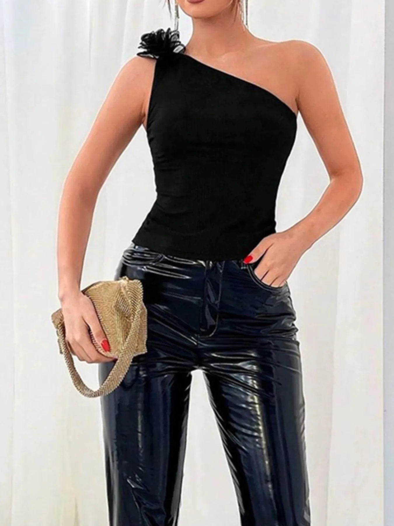 Flower Ribbed Single Shoulder Tank Black / S