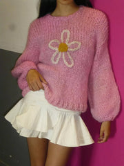 Flower Round Neck Dropped Shoulder Sweater
