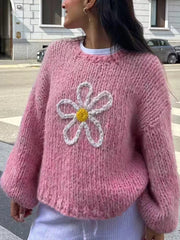 Flower Round Neck Dropped Shoulder Sweater