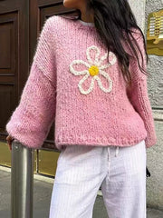 Flower Round Neck Dropped Shoulder Sweater