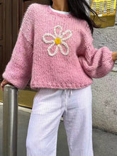 Flower Round Neck Dropped Shoulder Sweater Pink / S