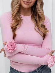 Flower Round Neck Long Sleeve T-Shirt Blush Pink / S