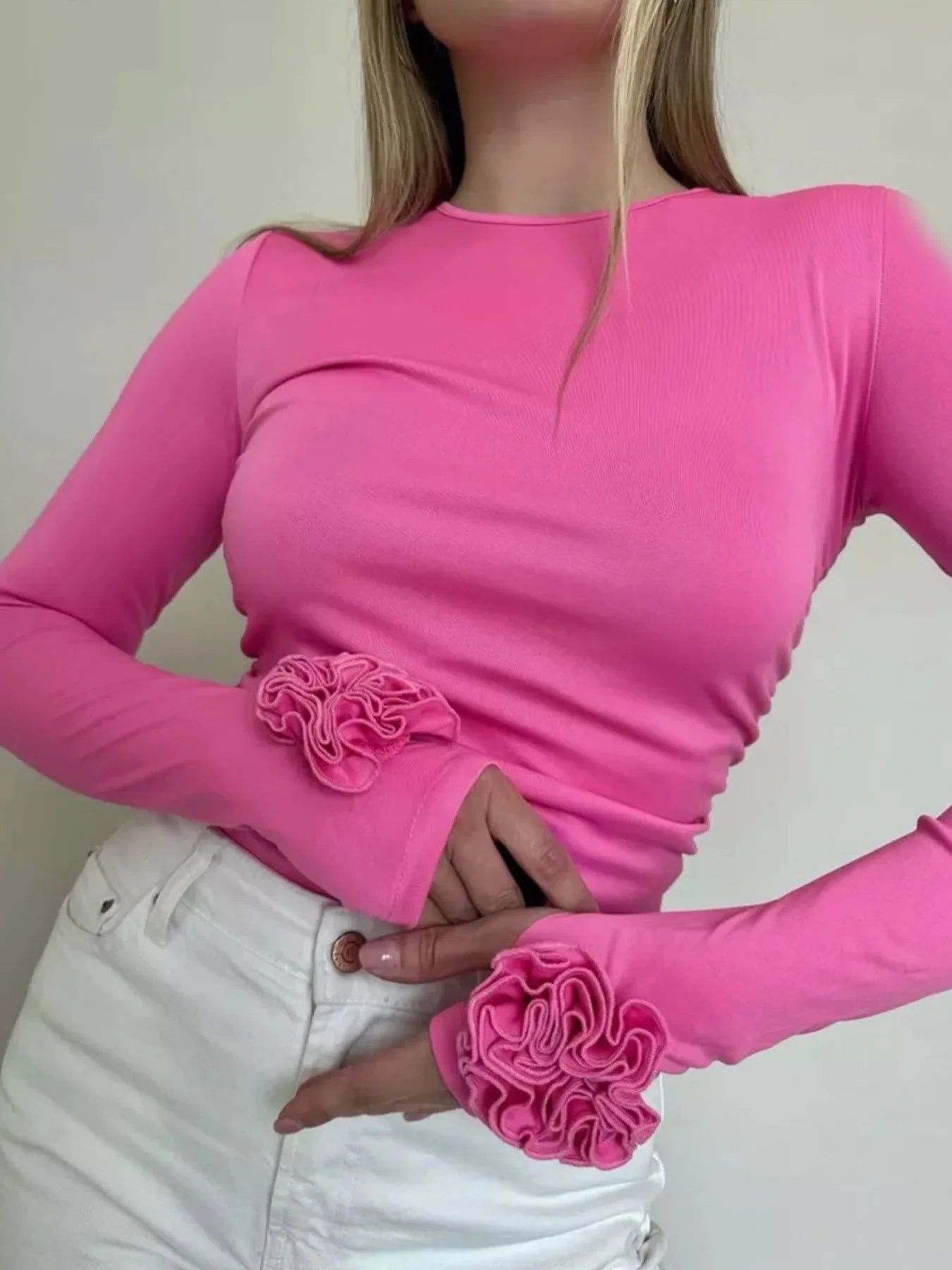 Flower Round Neck Long Sleeve T-Shirt Hot Pink / S