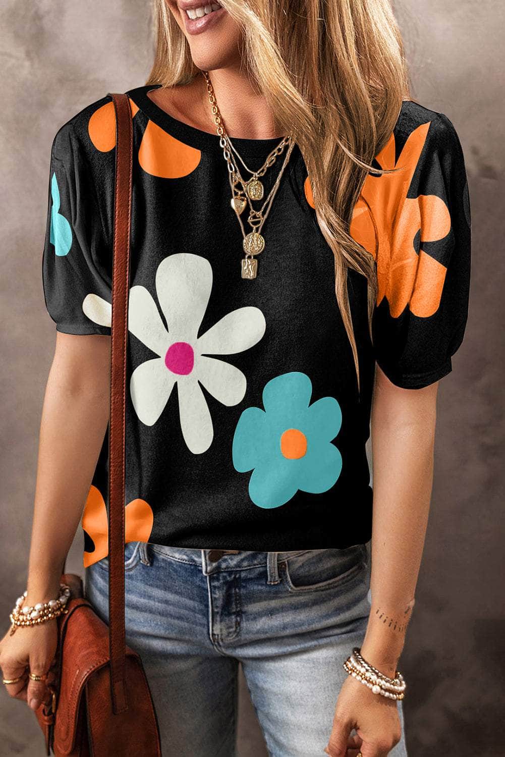 Flower Round Neck Short Sleeve Blouse Black / S