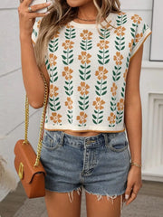 Flower Round Neck Short Sleeve Knit Top