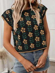 Flower Round Neck Short Sleeve Knit Top