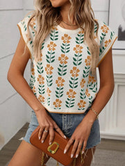 Flower Round Neck Short Sleeve Knit Top