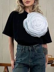 Flower Round Neck Short Sleeve T-Shirt Black / S