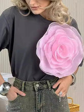 Flower Round Neck Short Sleeve T-Shirt Grey / S