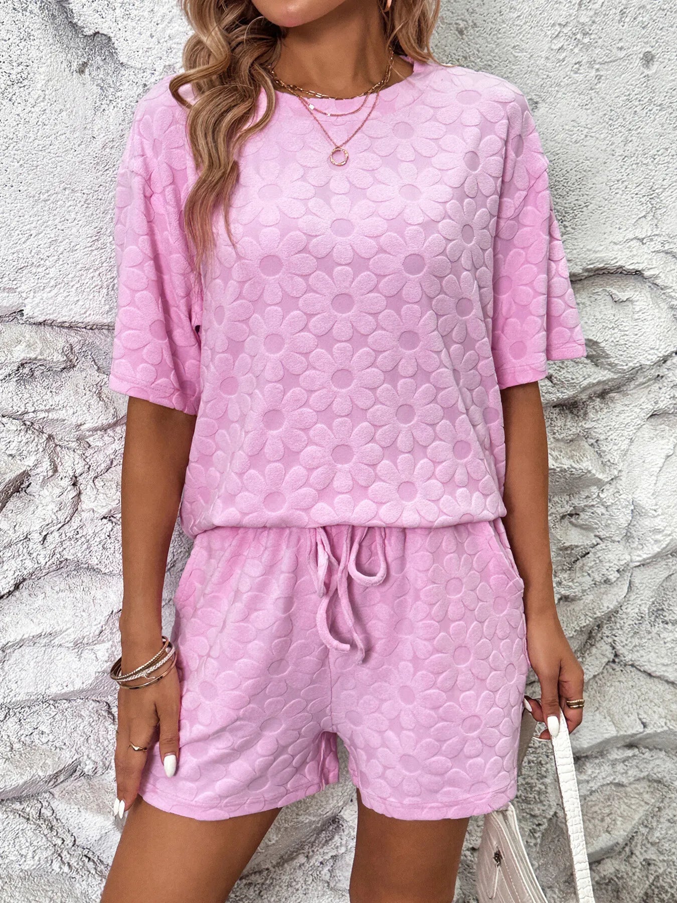 Flower Round Neck Top and Shorts Lounge Set