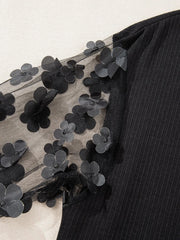 Flower Sheer Sleeve V-Neck Blouse