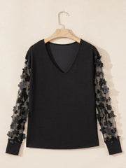 Flower Sheer Sleeve V-Neck Blouse