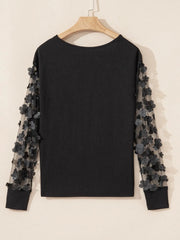 Flower Sheer Sleeve V-Neck Blouse