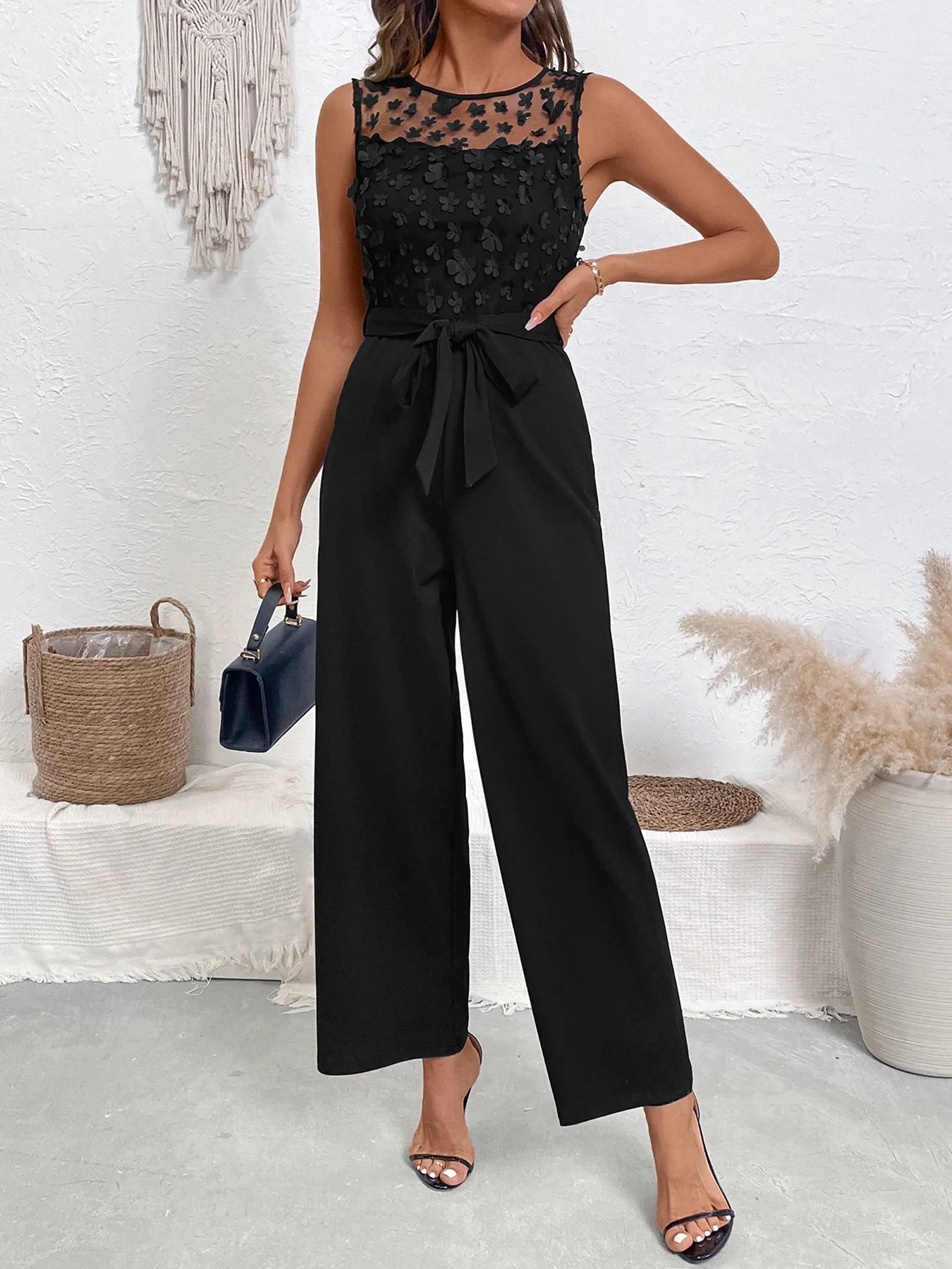 Flower Sleeveless Wide Leg Jumpsuit Black / S
