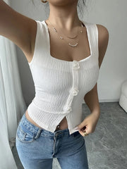Flower Square Neck Tank White / S