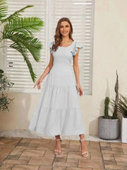 Flutter Sleeve Cutout Summer Midi Dress White / S