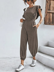 Flutter Sleeve Elastic Waist Jumpsuit Taupe / S