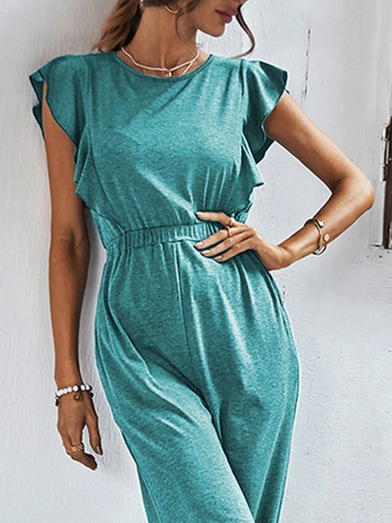 Flutter Sleeve Elastic Waist Jumpsuit Turquoise / S