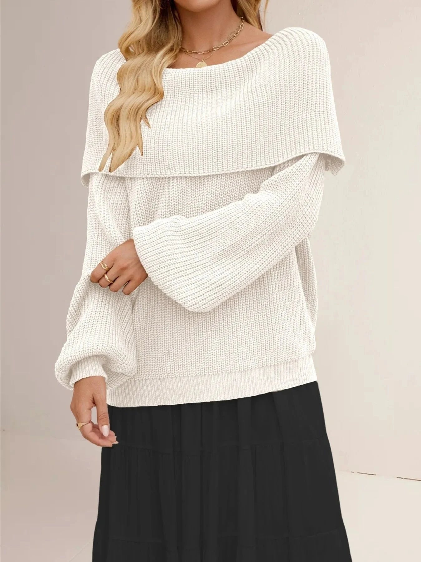 Fold-Over Collar Long Sleeve Sweater