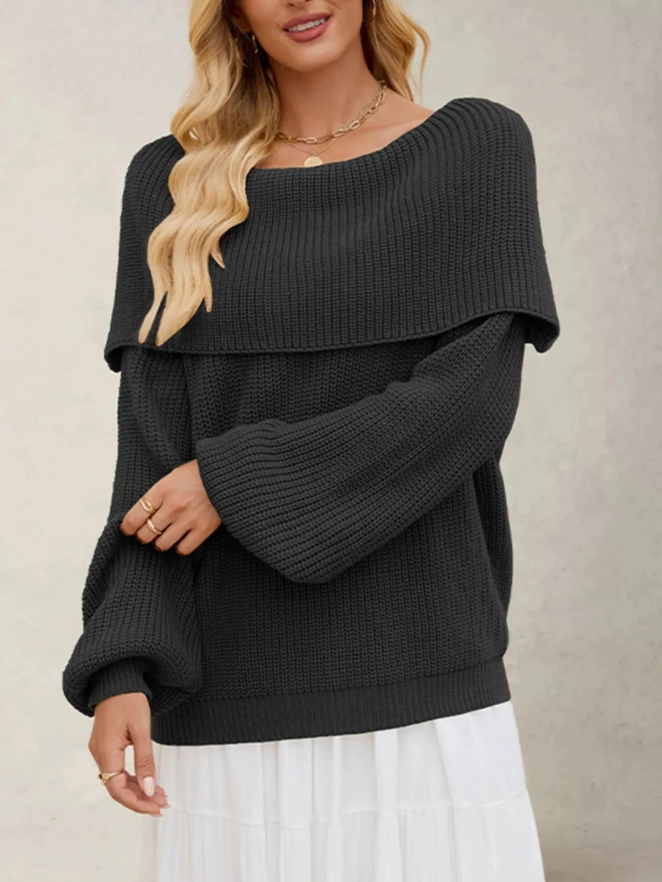 Fold-Over Collar Long Sleeve Sweater