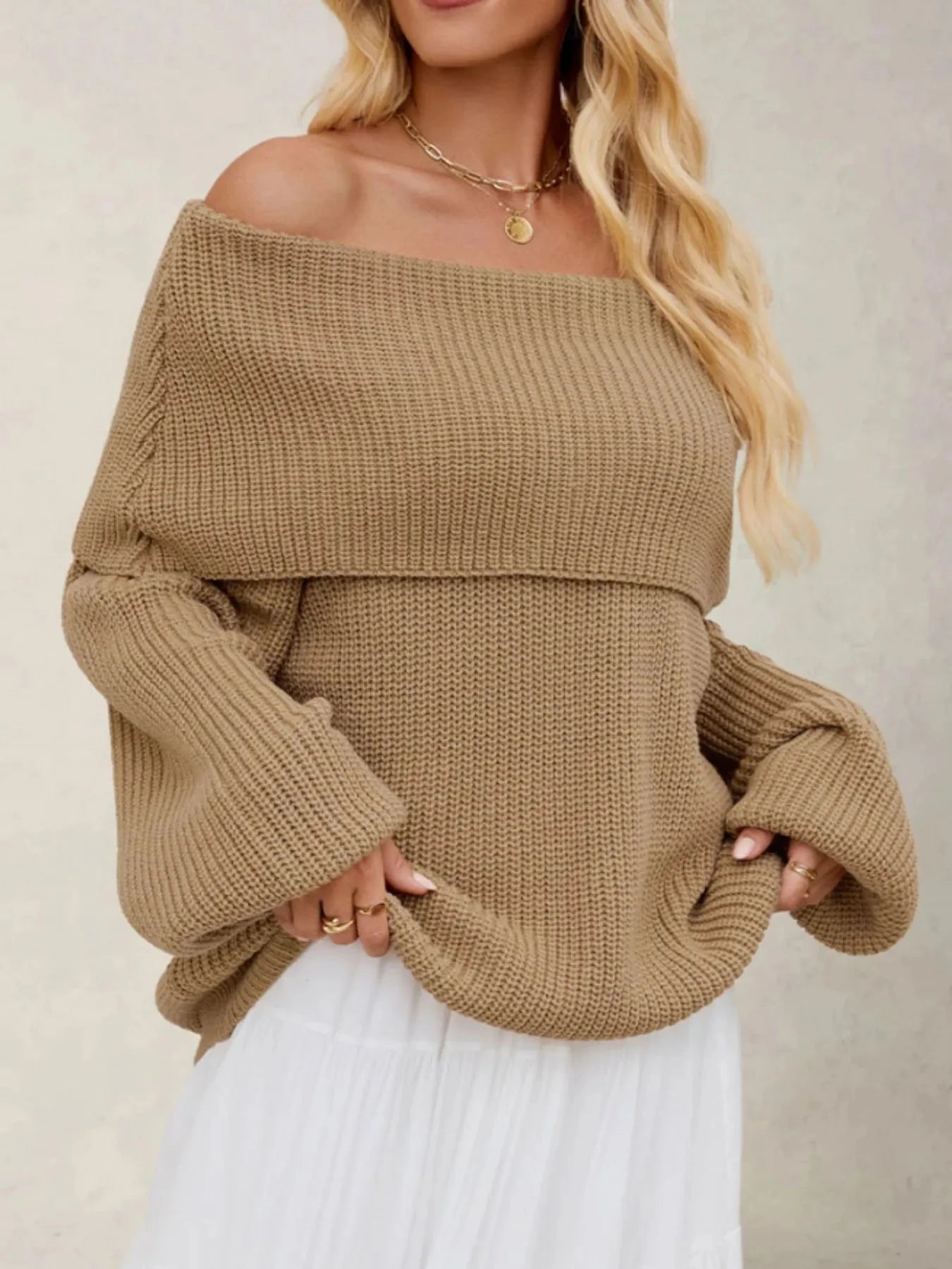 Fold-Over Collar Long Sleeve Sweater