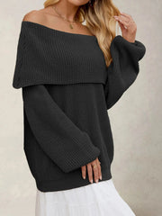 Fold-Over Collar Long Sleeve Sweater Black / S