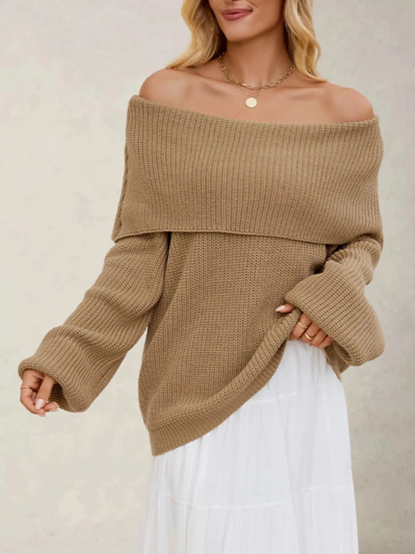 Fold-Over Collar Long Sleeve Sweater Khaki / S
