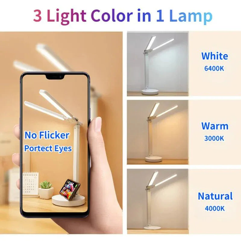 Foldable LED Clock Table Lamp: USB Rechargeable, Dimmable, Eye Protection