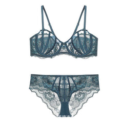 French Lace Floral Mesh Detailed Bra Panty Set 70A / DarkGreen