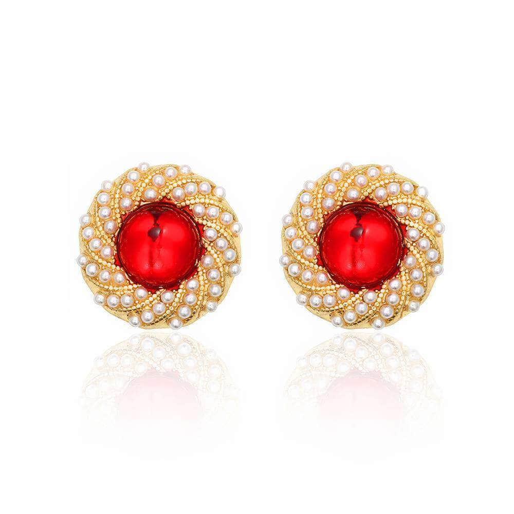 Freshwater Pearls Laced Enamel Gold Statement Earrings Red / Clip On