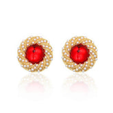 Freshwater Pearls Laced Enamel Gold Statement Earrings Red / Clip On