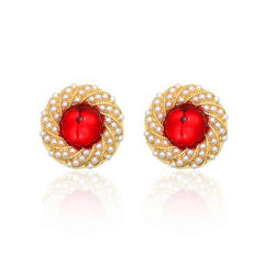Freshwater Pearls Laced Enamel Gold Statement Earrings Red / Clip On