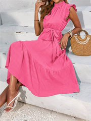 Frill Mock Neck Ruffled Cap Sleeve Midi Dress