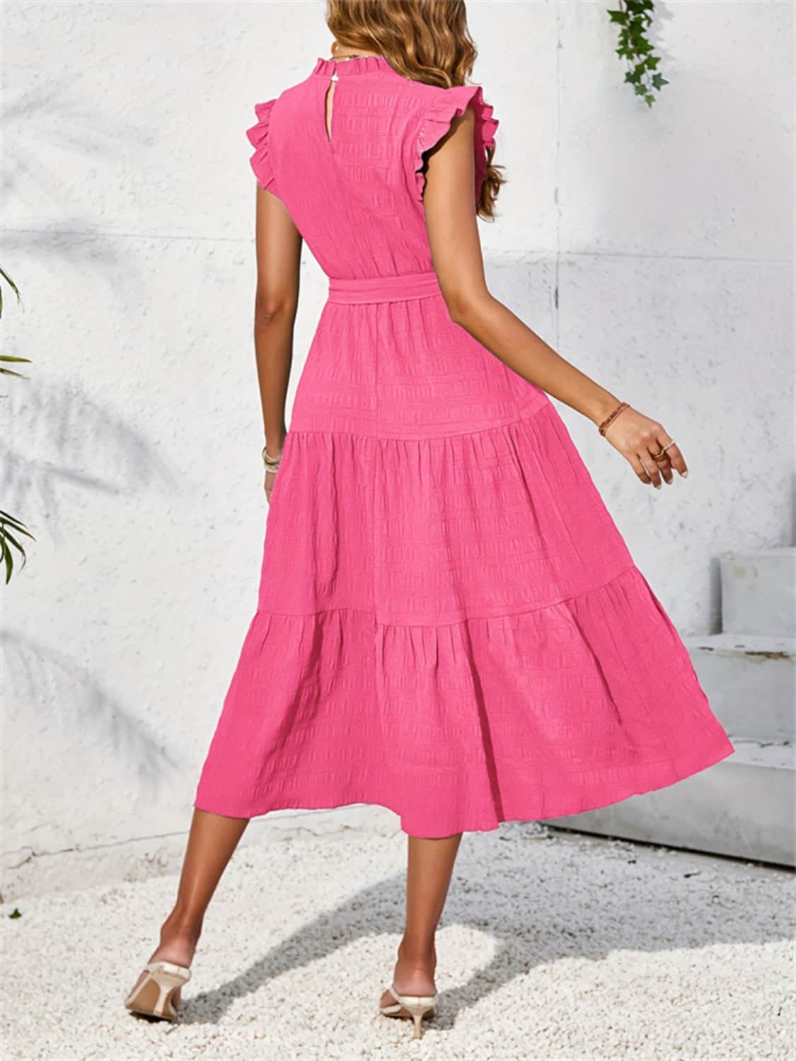 Frill Mock Neck Ruffled Cap Sleeve Midi Dress